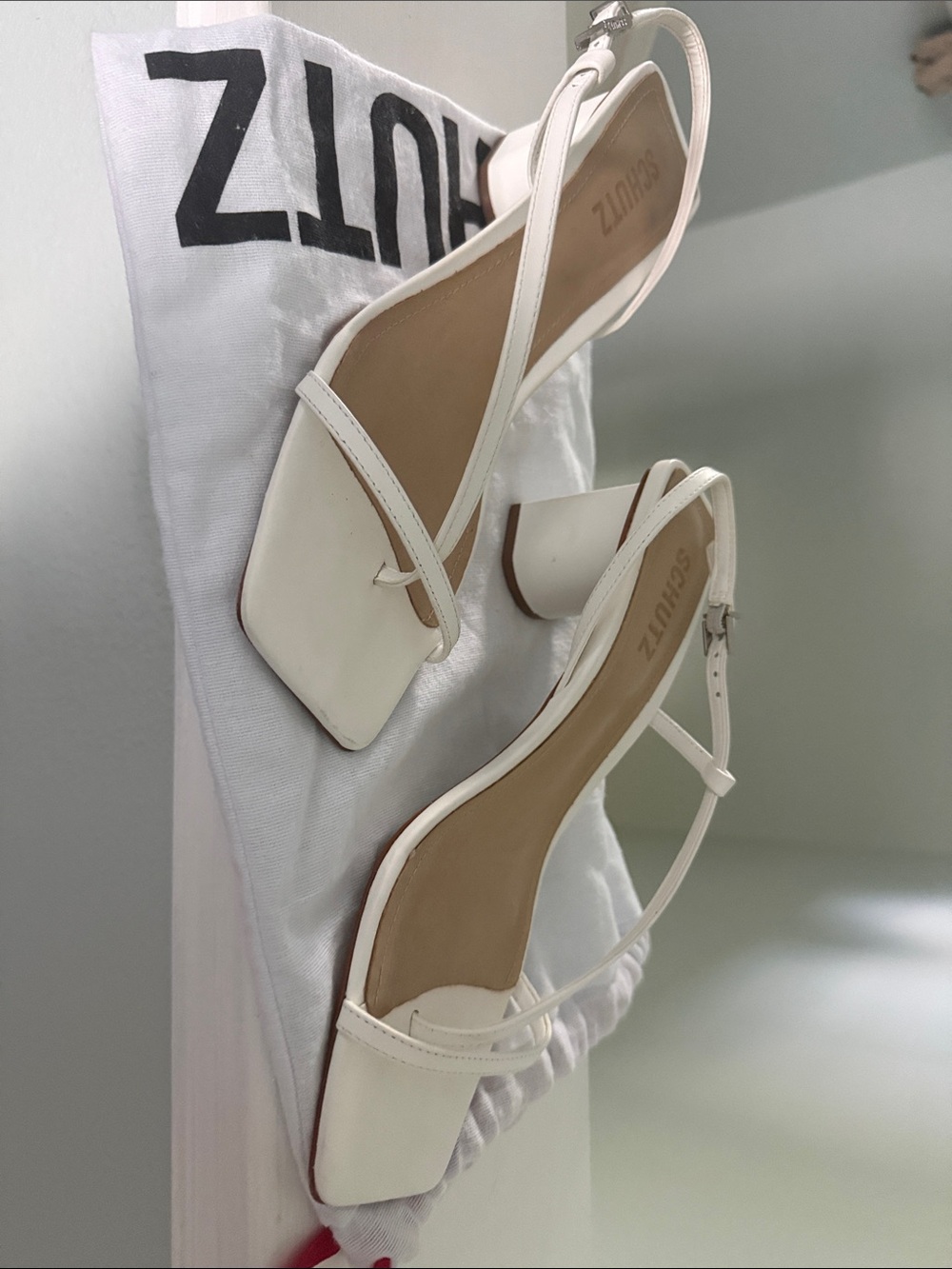 SCHUTZ White Strappy Square-Toe Block Heel Sandals